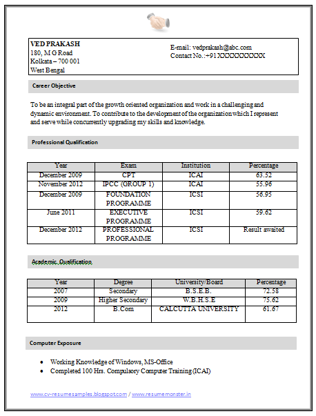 Model resume format for bpo